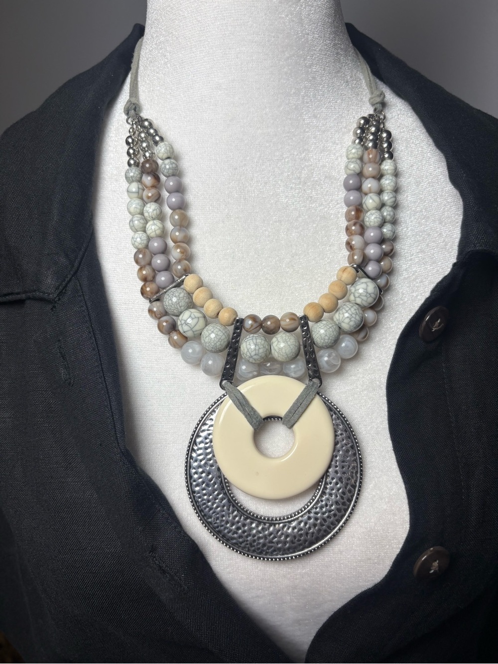 Boho Multi Strand Neutral Beaded Statement Necklace Oversized Pendant